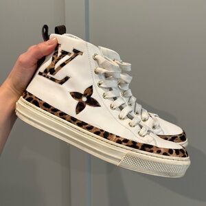 White and Leopard Louis Vuitton High-Top Sneakers